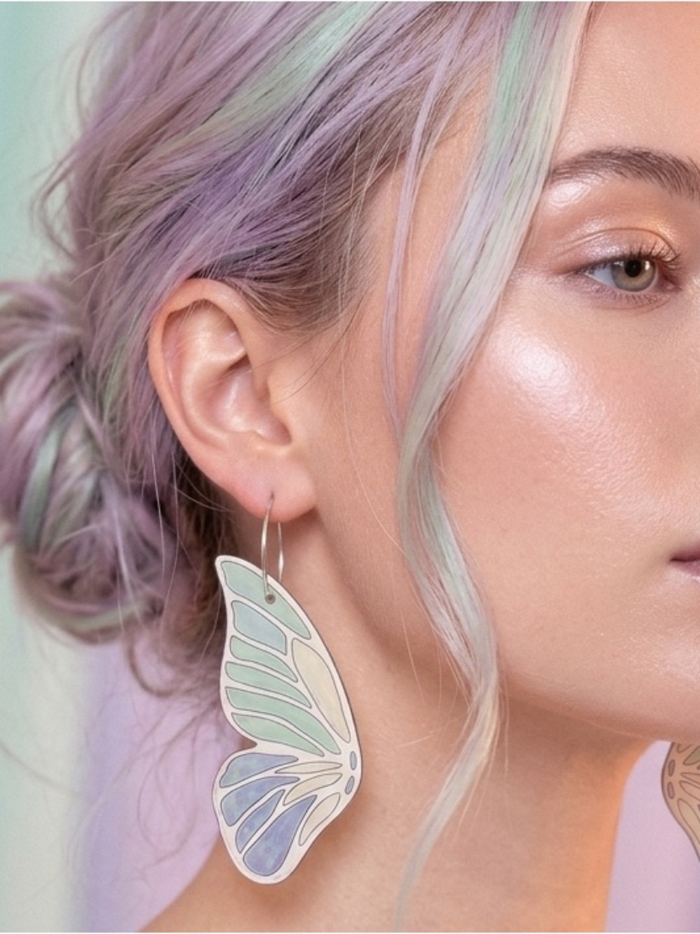 Seafoam, sky blue, and pearlescent silver wooden dangle Butterfly wing earrings